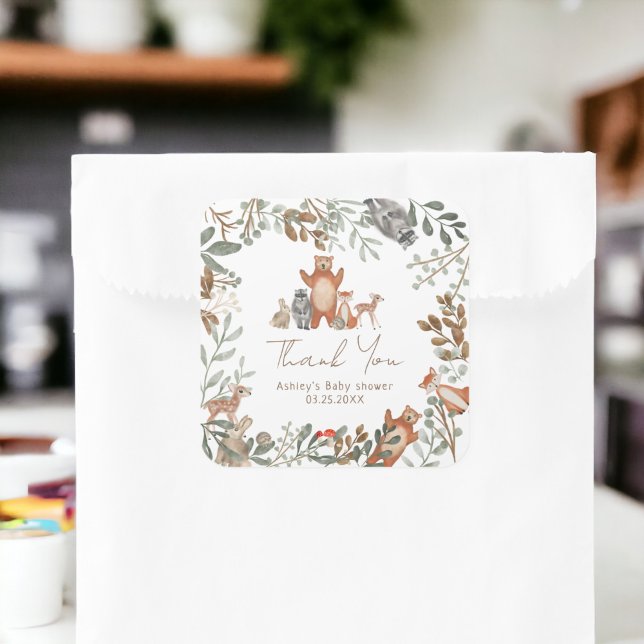 Adesivo Quadrado Chá de fraldas florestal de espécies verdes e cega (Cute greenery forest animals woodland baby shower square sticker)