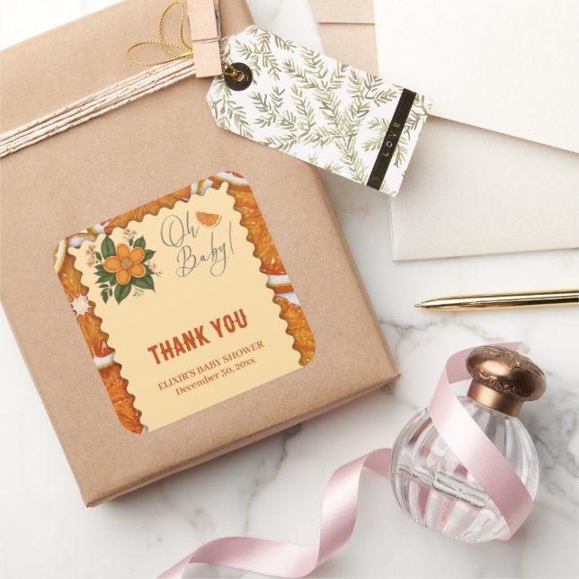 Adesivo Quadrado Chá de fraldas Laranja de Citrus Elegante Moderno (Presentear)