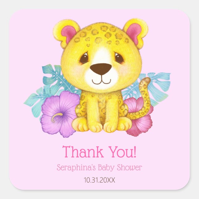 Adesivo Quadrado Chá de fraldas-Leopardo Rosa Tropical Obrigado (Frente)