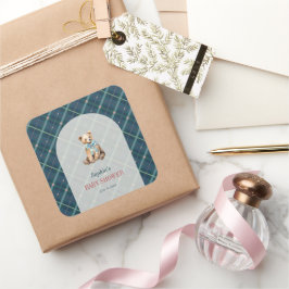 Adesivo Quadrado Chá de fraldas marinho azul Xadrez Teddy Bear Boy