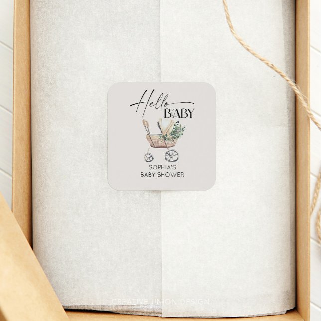 Adesivo Quadrado Chá de fraldas Neutro de Gênero Boho Baby Stroller (Criador carregado)