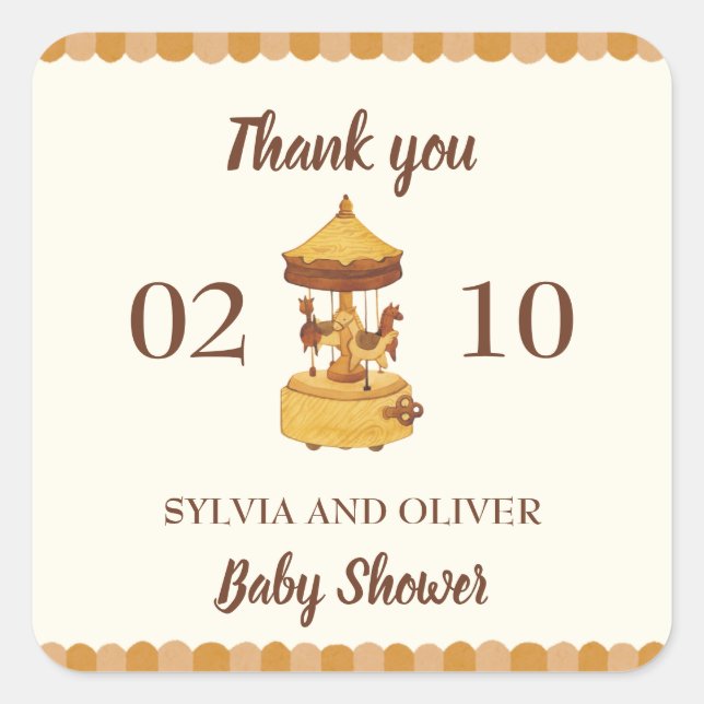 Adesivo Quadrado Chá de fraldas neutro do carrossel (Frente)