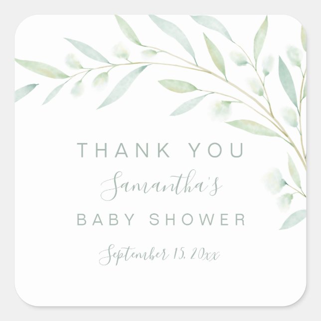Adesivo Quadrado Chá de fraldas Obrigado Greenery Watercolor Foliag (Frente)