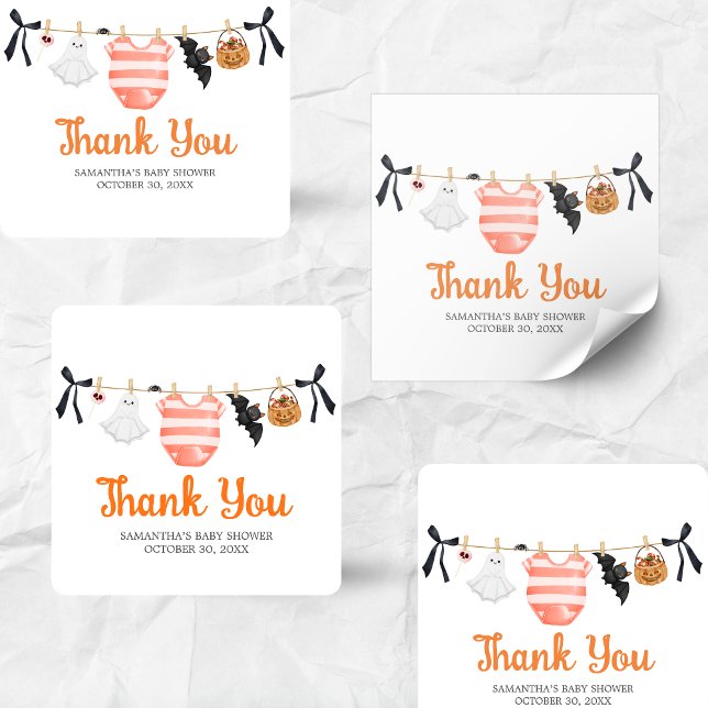 Adesivo Quadrado Chá de fraldas Orange Little Boo (A Little Boo Is Almost Due Clothesline Baby Shower Sticker)