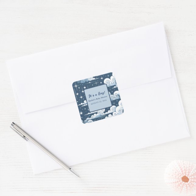 Adesivo Quadrado Chá de fraldas Personalizado de Azul Celestial Whi (Envelope)