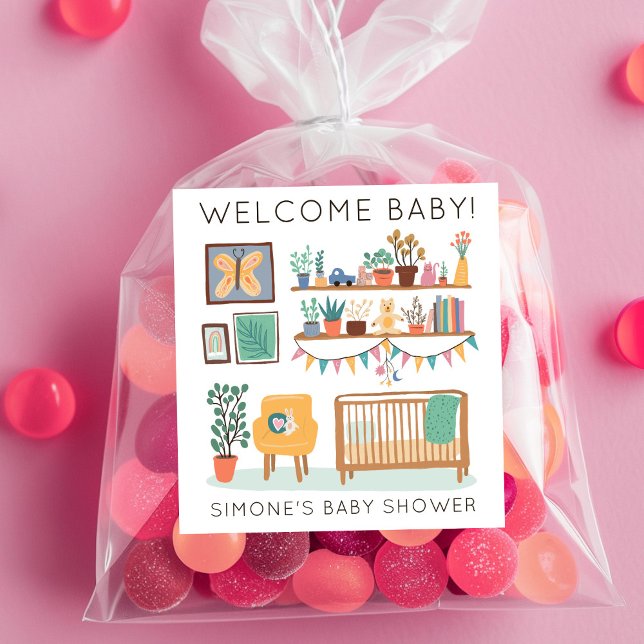 Adesivo Quadrado Chá de fraldas PERSONALIZADO de Ilustração do Nurs (Cute Nursery Illustration CUSTOM BABY SHOWER Square Sticker
)