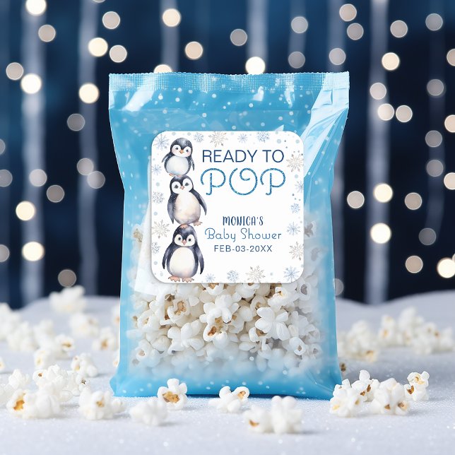 Adesivo Quadrado Chá de fraldas Pinguim pronto para Pop (Popcorn favor labels )