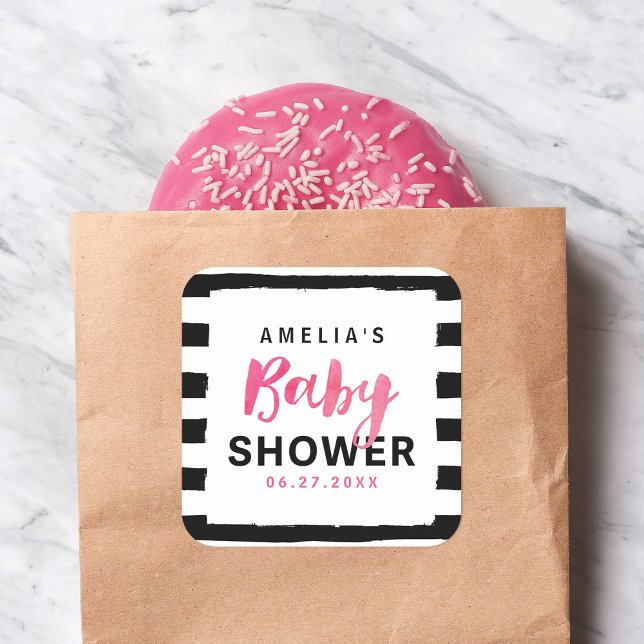 Adesivo Quadrado Chá de fraldas rosa com barra preta e branca (Criador carregado)