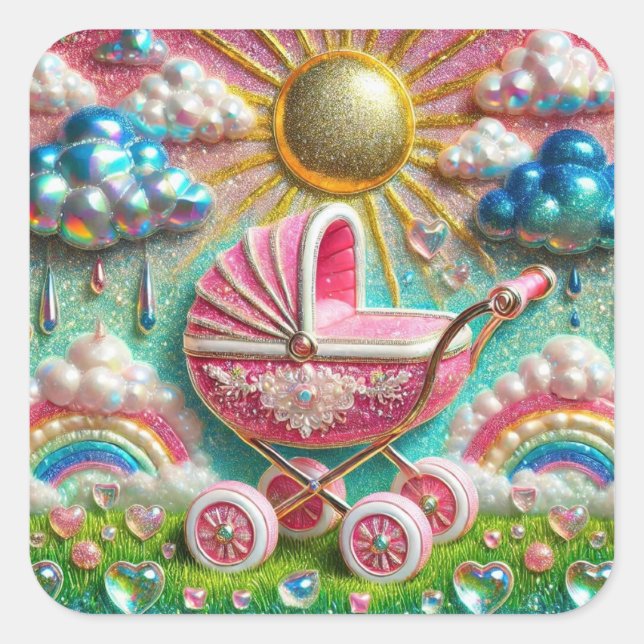 Adesivo Quadrado Chá de fraldas Rosa Glitter de Pram & Rainbows (Frente)
