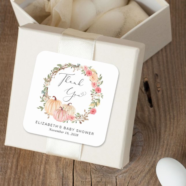 Adesivo Quadrado Chá de fraldas Rosa Pumpkin Floral Obrigado (Criador carregado)