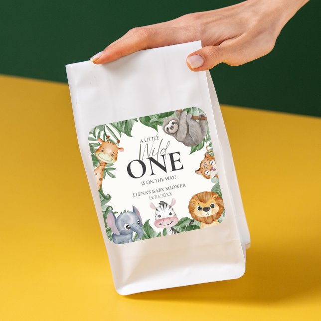 Adesivo Quadrado Chá de fraldas Selvagem de Animais Safari (Wild One Safari Baby Shower Thank You)