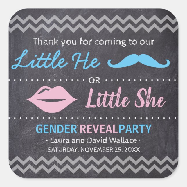 Adesivo Quadrado "Chá de fraldas" Sexo revela "Ele ou ela" (Frente)