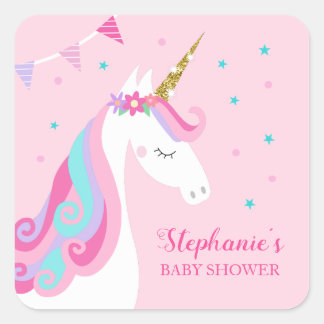 Adesivo Quadrado Chá de fraldas Unicorn Rosa
