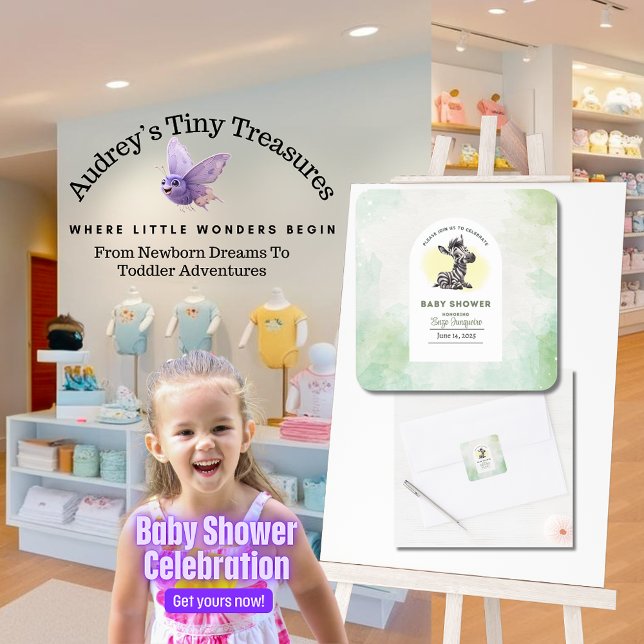 Adesivo Quadrado Chá de fraldas Zebra de Cartoon Encantador (Criador carregado)