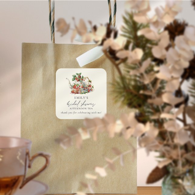 Adesivo Quadrado Chá de Noiva à Tarde de Morangos Agradecimento (Criador carregado)