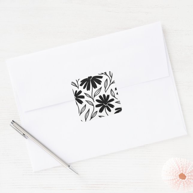 Adesivo Quadrado Chá de Noiva Boho Black Ink Daisies (Envelope)