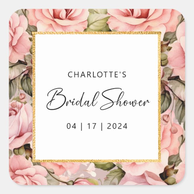 Adesivo Quadrado Chá de Noiva com Aquarela Floral Rosa Corado (Frente)