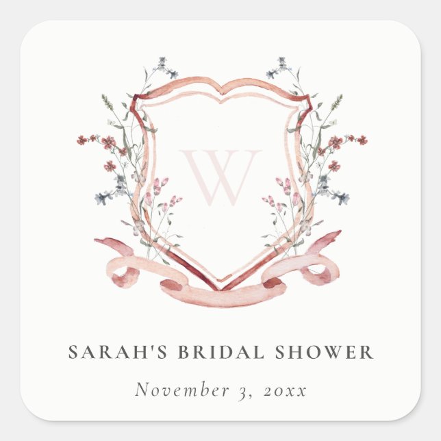 Adesivo Quadrado Chá de Noiva Crista de Aquarela de Flor Silvestre  (Frente)