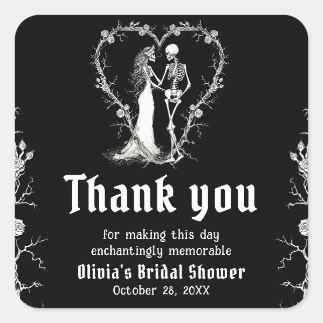 Adesivo Quadrado Chá de Noiva de Halloween Esqueleto Gótico Preto (Frente)