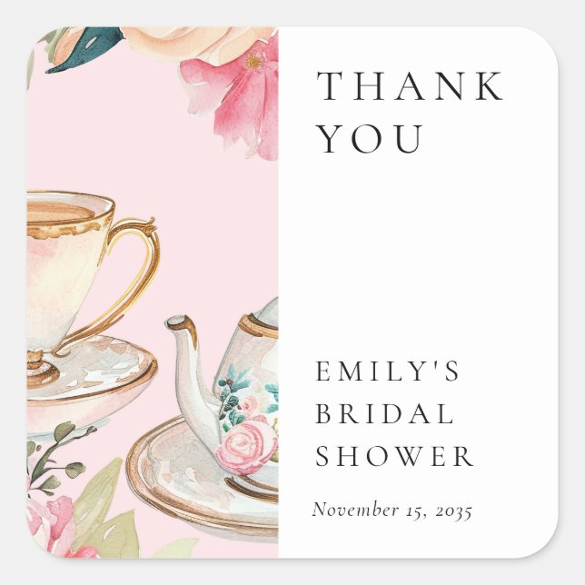 Adesivo Quadrado Chá de Noiva Elegante Festa Floral do Chá (Frente)