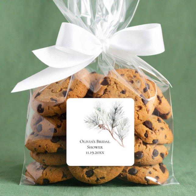 Adesivo Quadrado Chá de Noiva Elegante Pinheiro de Inverno Branco (Criador carregado)