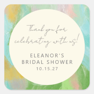Adesivo Quadrado Chá de Noiva em Aquarela Abstrata Agradecimento Pe