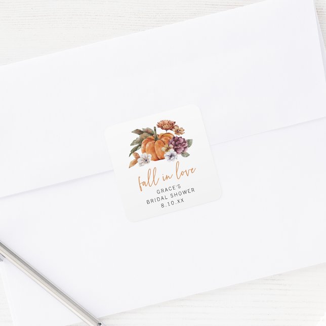 Adesivo Quadrado Chá de Noiva Encontre o Amor (Fall In Love Bridal Shower Pumpkin and Watercolor Florals Envelope Seal Sticker by Painted Paperie)