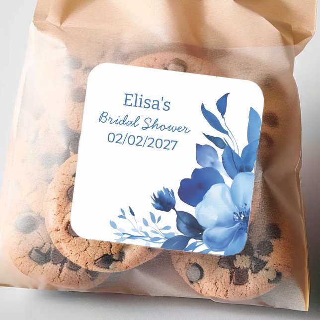 Adesivo Quadrado Chá de Noiva Florais Azuis Aquarela Personalizado (Blue Blooms Watercolor Custom Bridal Shower Square Sticker
)