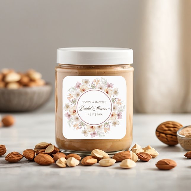 Adesivo Quadrado Chá de Noiva Floral Aquarela Chic (Chic Floral Watercolor Bridal Shower Square Sticker)