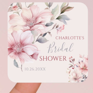 Adesivo Quadrado Chá de Noiva Floral Rosa Suave Aquarela Elegante