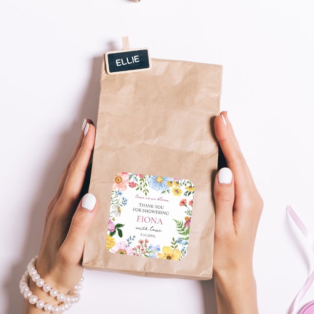 Adesivo Quadrado Chá de Noiva Flores Silvestres em Flor Obrigada (LOVE IS IN BLOOM BRIDAL SHOWER STICKER)