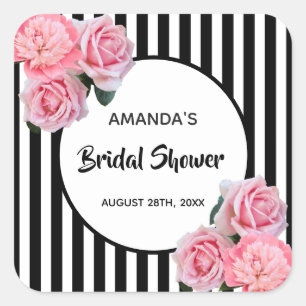 Adesivo Quadrado Chá de Noiva listras pretas e brancas flores rosa