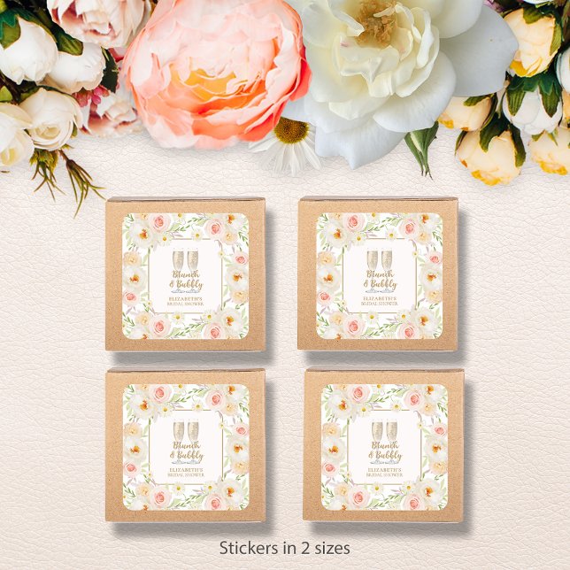 Adesivo Quadrado Chá de Noiva no Jardim com Brunch e Bubbly (Brunch & Bubbly blush floral bridal shower square stickers -  choose 1-1/2" or 3" )