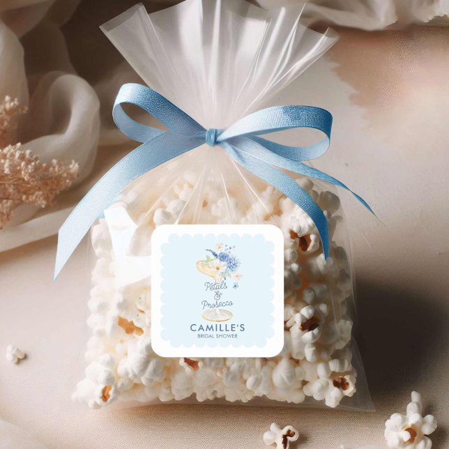 Adesivo Quadrado Chá de Noiva Pétalas Azuis e Prosecco (Square Blue Petals and prosecco favor sticker)