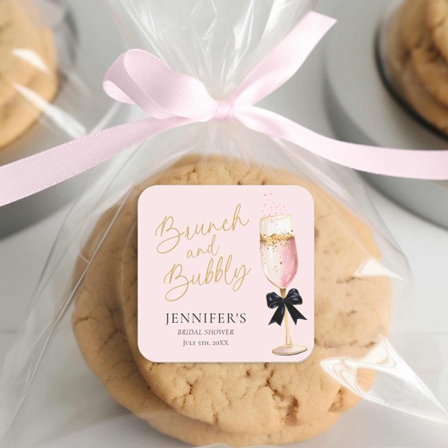 Adesivo Quadrado Chá de Noiva Rosa Brunch e Bubbly (Pink Bubbly Bridal Shower Sticker)