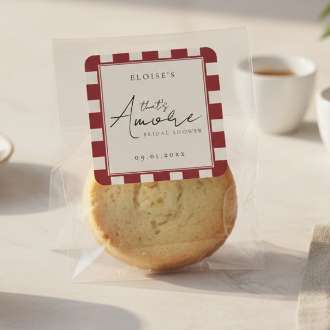Adesivo Quadrado Chá de Noiva That's Amore Xadrez Vermelho (That's Amore Red Checkered Bridal Shower Square Sticker)