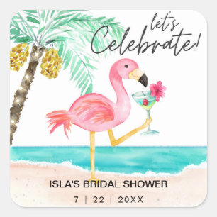 Adesivo Quadrado Chá de Noiva Tropical Coquetel Praia Flamingo