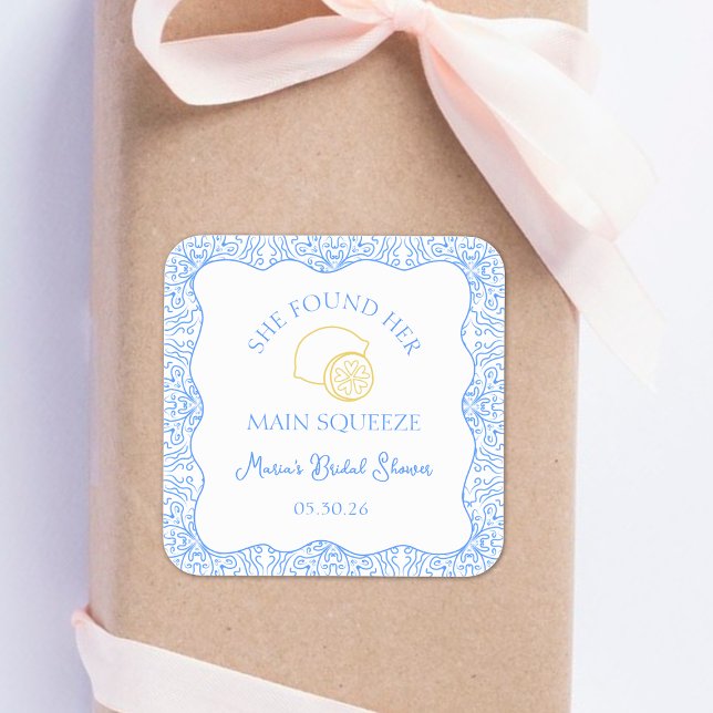 Adesivo Quadrado Chá de panela de aperto principal Lemon Blue Favor (Custom 'She Found Her Main Squeeze' stickers, perfect for adding a fun touch to bridal shower favors)
