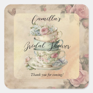 Adesivo Quadrado Chá de panela de Ephemera com Teacups Florais Empi