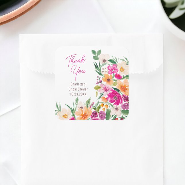Adesivo Quadrado Chá de panela de guião de flores silvestres, arroj (Bright bold wild flowers script bridal shower square sticker)
