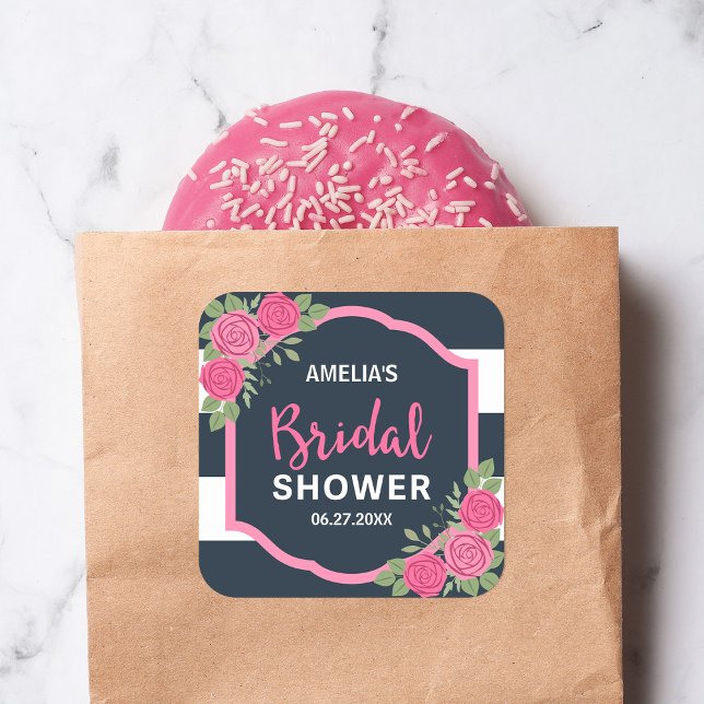 Adesivo Quadrado Chá de panela de Rosas Rosa com Stripes Brancas Az (Criador carregado)