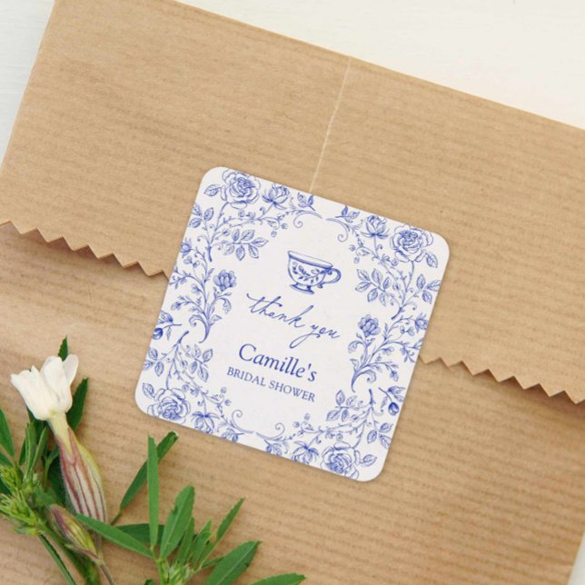 Adesivo Quadrado Chá de panela do Tea Party Blue Obrigado (Blue Floral Toile Thank you Bridal Shower Sticker)