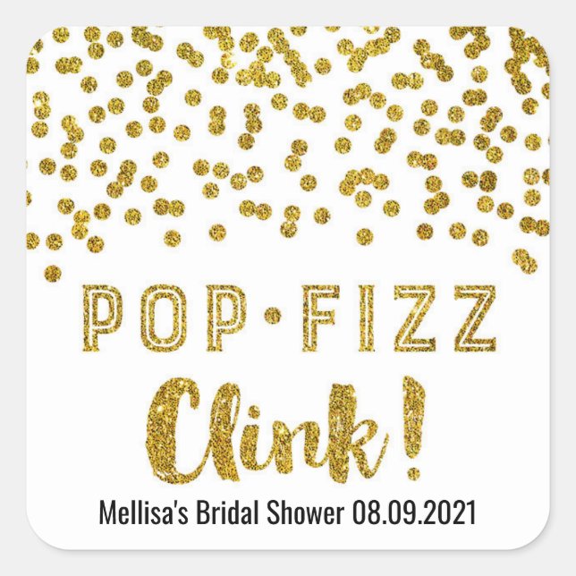 Adesivo Quadrado Chá de panela Dourado Confetti Pop Fizz Clink (Frente)