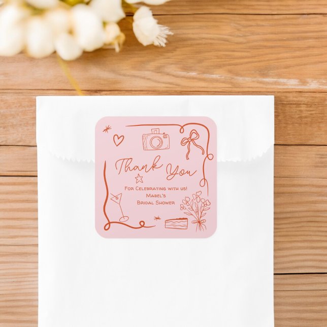 Adesivo Quadrado Chá de panela ilustrado desenhado à mão em rosa e  (Retro pink red handdrawn illustrated bridal shower square sticker)