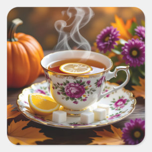 Adesivo Quadrado Chá num Teacup Vintage, Mães, outono de Abóbora