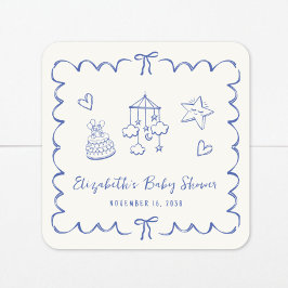Adesivo Quadrado Chá Whimsical Blue Wavy Frame Baby Boy