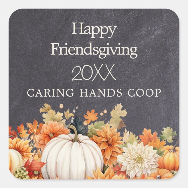 Adesivo Quadrado Chalkboard Fall Pumpkin Floral Friendsgiving Year (Frente)