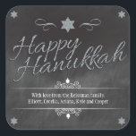 Adesivo Quadrado Chalkboard Faux Silver Glitter Hanukkah<br><div class="desc">Um quadro de reflexão mostra as palavras "Feliz Chanucá" que é traduzido em um efeito brilhante. Uma estrela reluzente de David pontua o topo da design. Os Dreidels são adicionados como sotaques, juntamente com ornamentos curvados para enquadrar sua mensagem especial. A maneira perfeita de fazer a celebração de Chanucá brilhar!...</div>