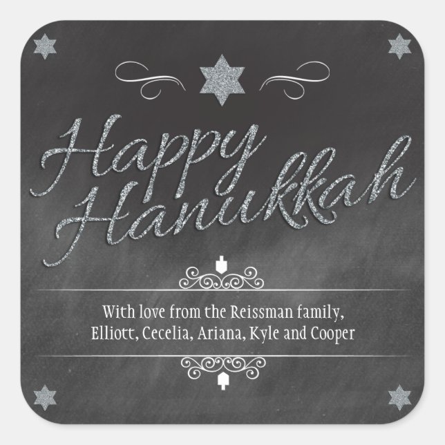 Adesivo Quadrado Chalkboard Faux Silver Glitter Hanukkah (Frente)
