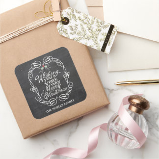 Adesivo Quadrado Chalkboard Mistletoes White Script Feliz Natal
